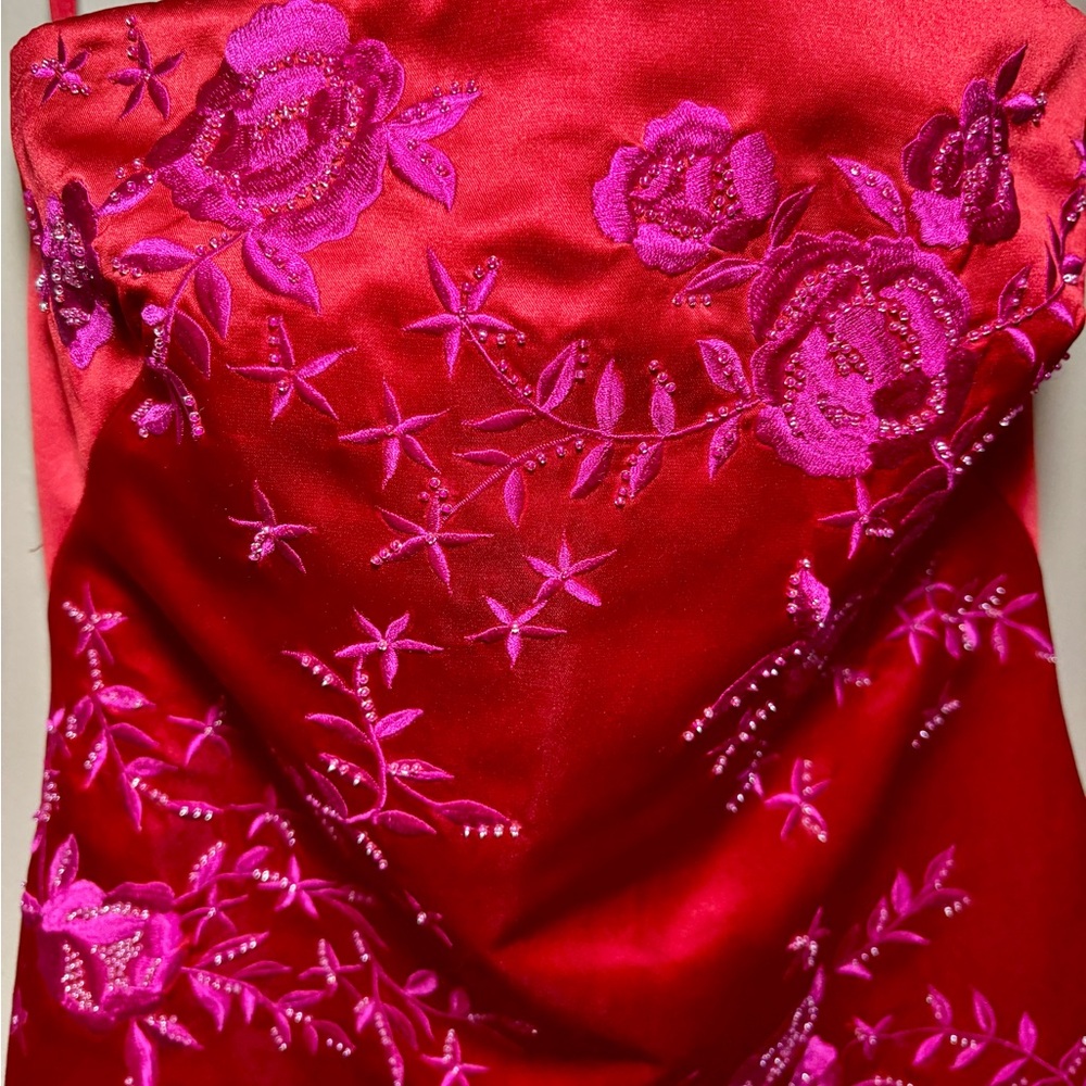 Kay Unger Red Satin Cocktail Strapless Dress Embroidered Beaded Fuchsia 2P - Picture 3 of 11